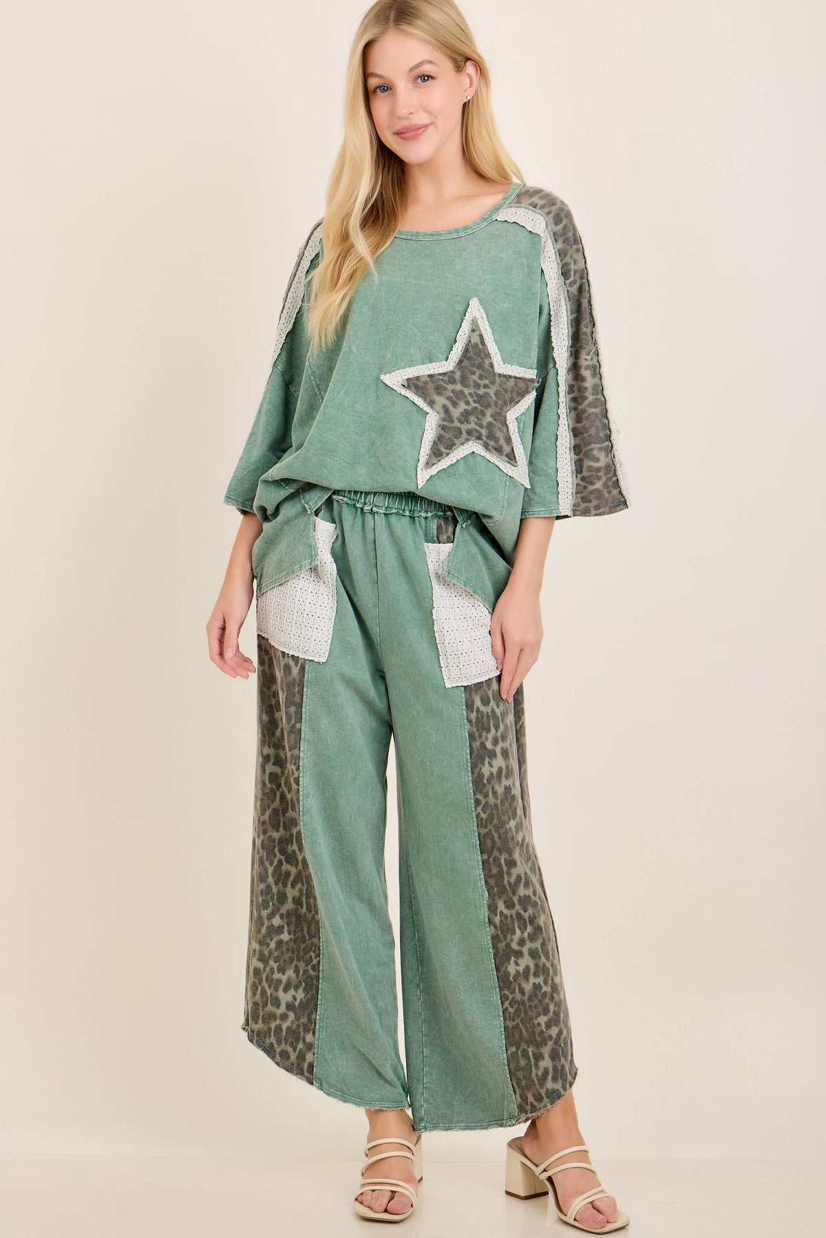 MineralWashed Leopard Lace Star patched 3quarters top HT7639