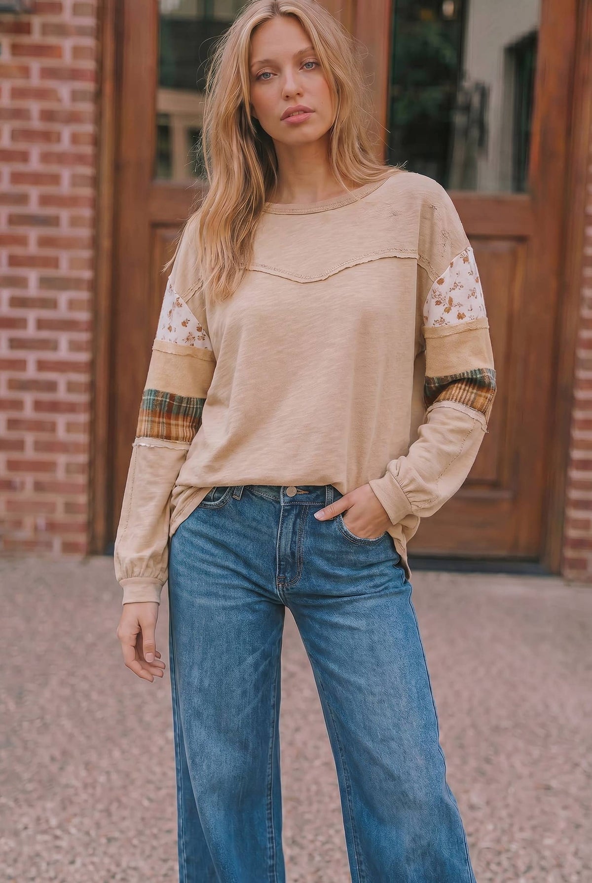 FLORAL CHECK COLOR BLOCK LONG SLEEVE KNIT TOP