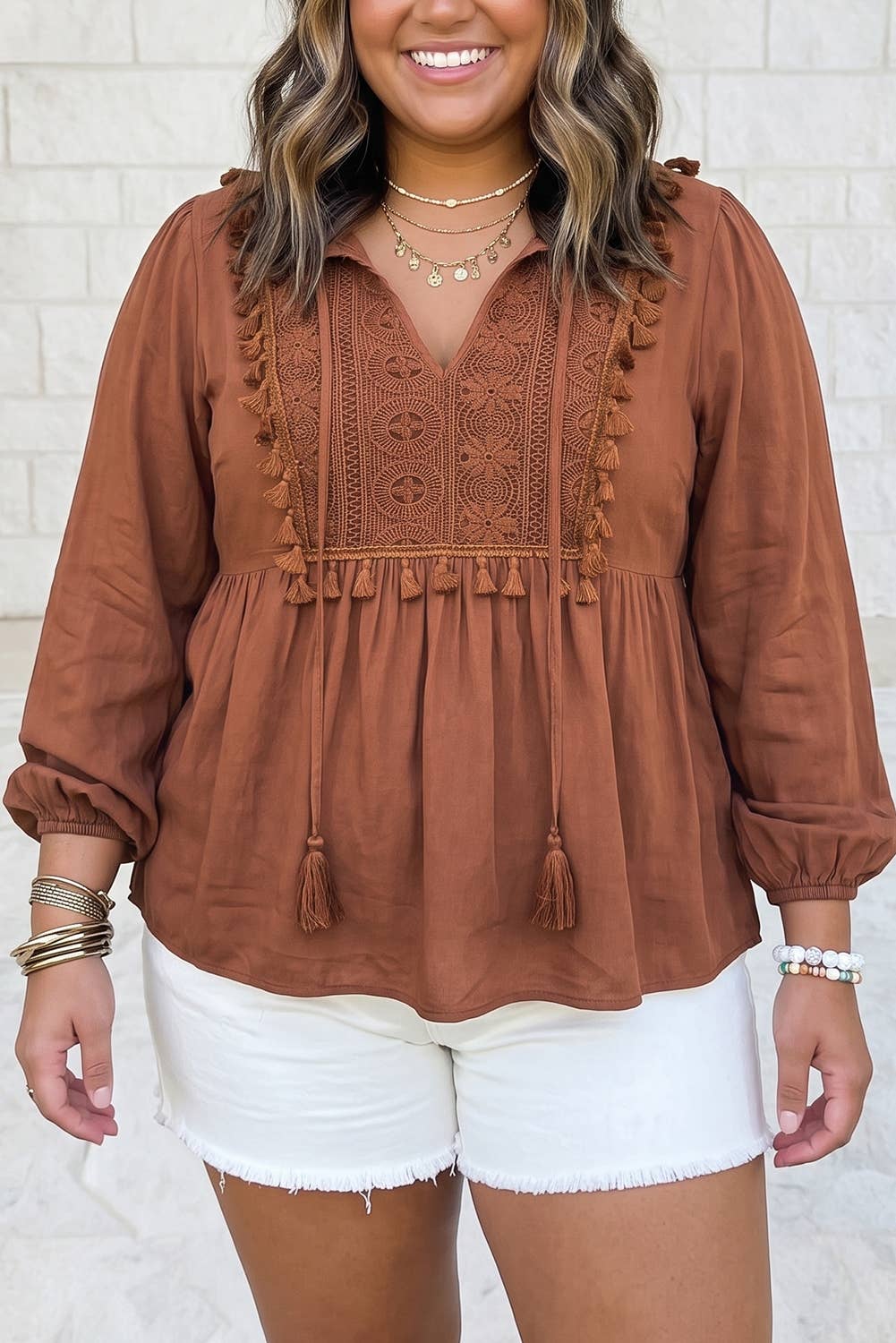 Boho V Neck Embroidered Tassel Long Sleeve Plus Size Blouse