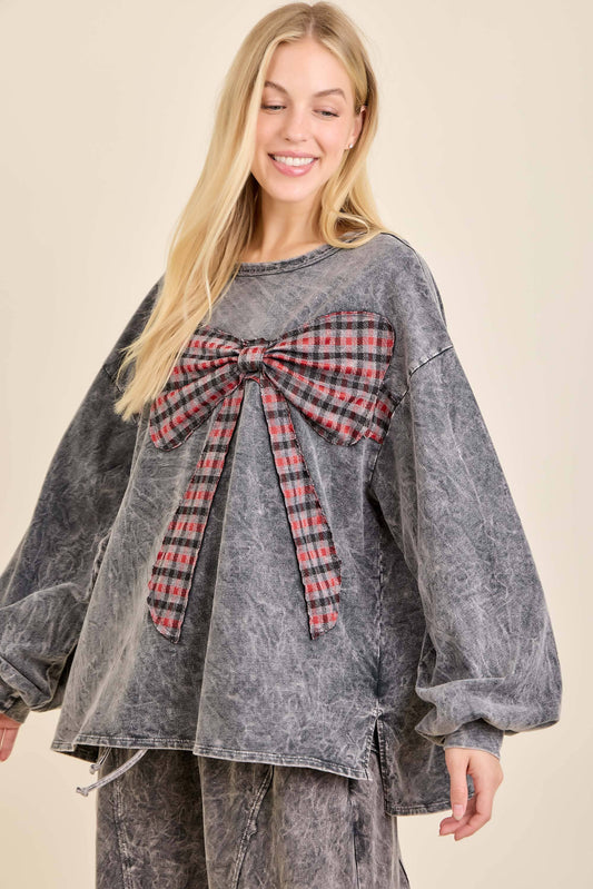 Mineral Washed Plaid Bow Ribbon Sweatshirts HT7680