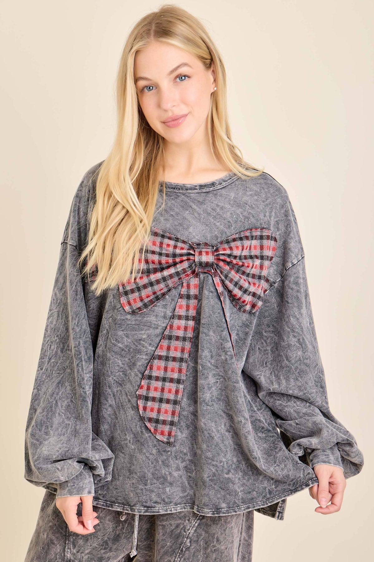 Mineral Washed Plaid Bow Ribbon Sweatshirts HT7680