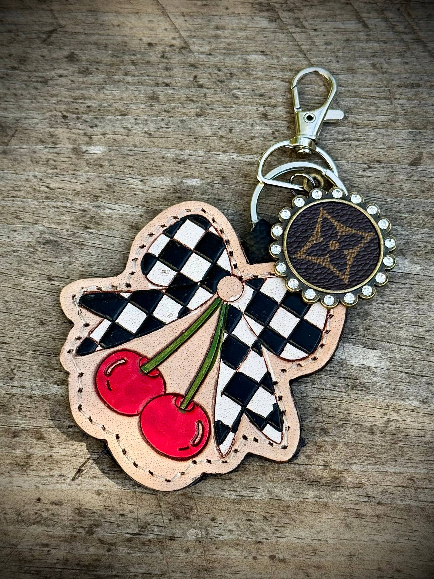 Upcycled LV Checkered Cherry Keychain Bag Charm Western 