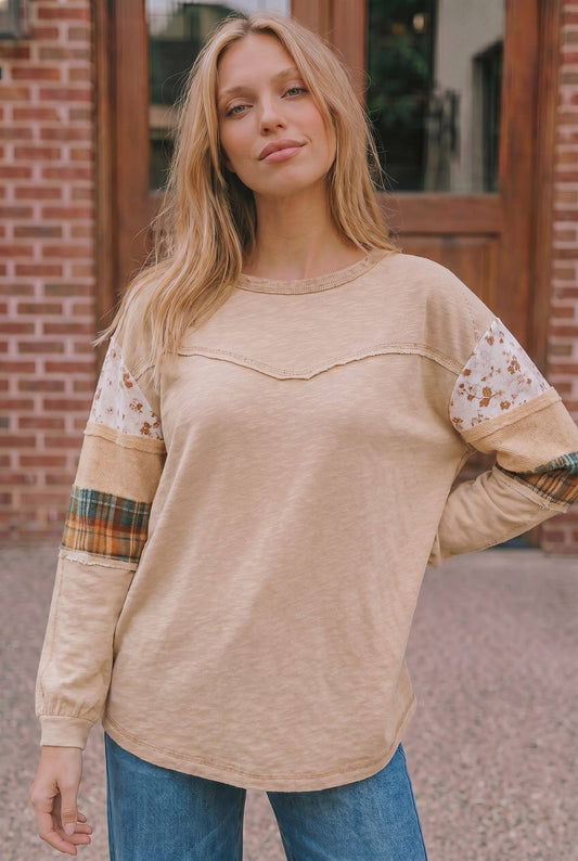 PLUS SIZE FLORAL CHECK COLOR BLOCK LONG SLEEVE KNIT TOP