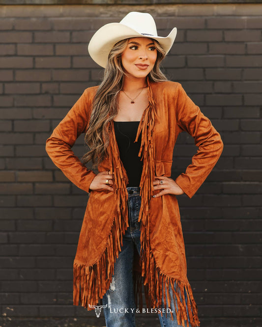 Camel Faux Suede Cardigan W Fringed Hem