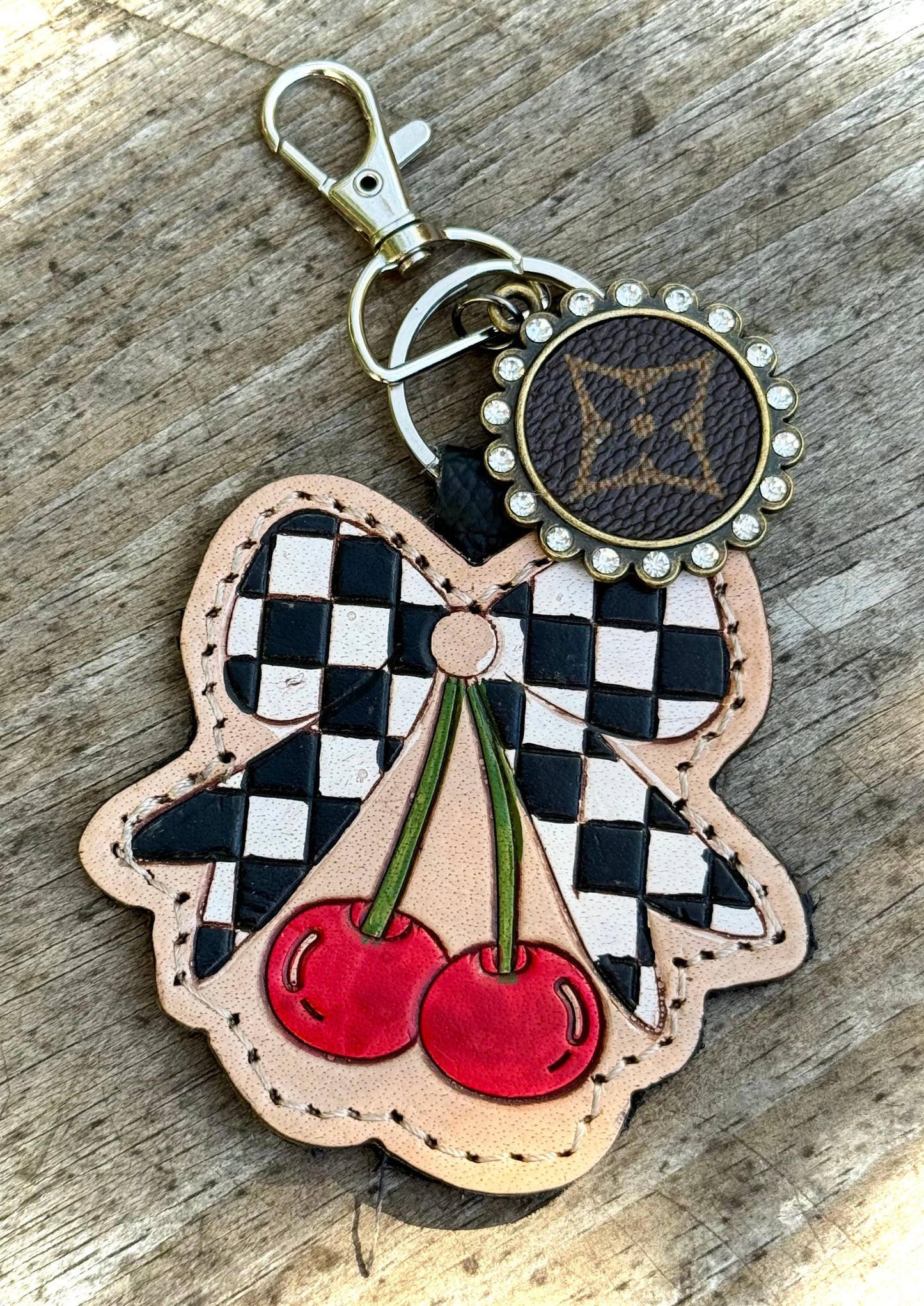 Upcycled LV Checkered Cherry Keychain Bag Charm Western 