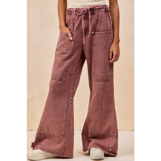 WASHED DENIM CARGO POCKET PANTS WITH WAIST TIE