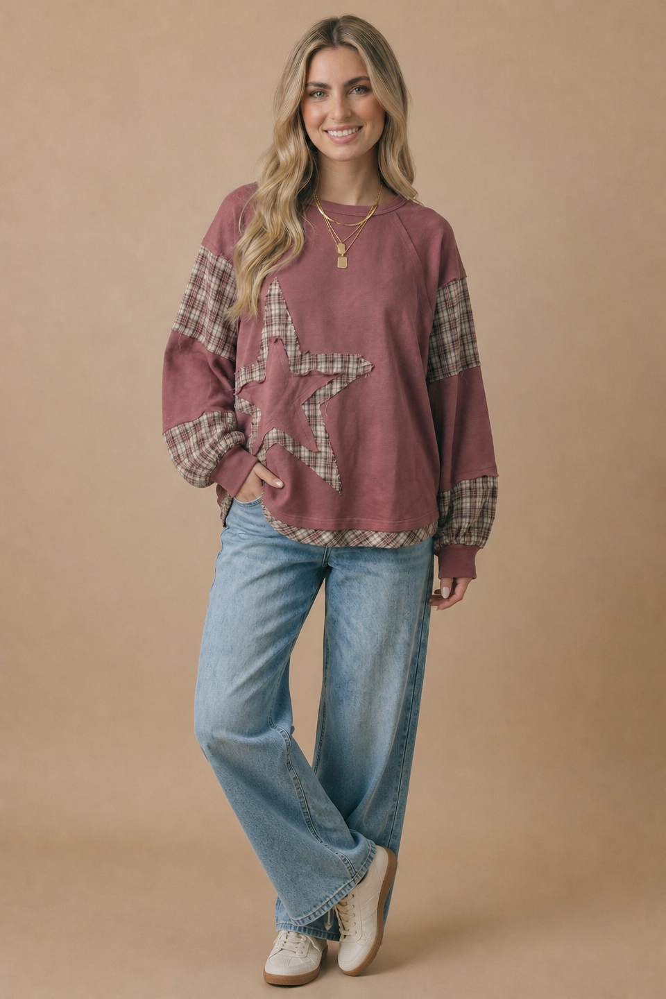 Plaid Contrast Oversized Fit Star Top
