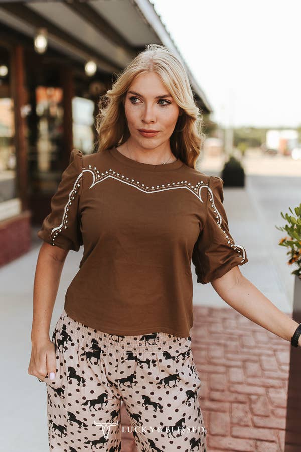 Brown Ivory Studded Western Yoke Puff Sleeve Top