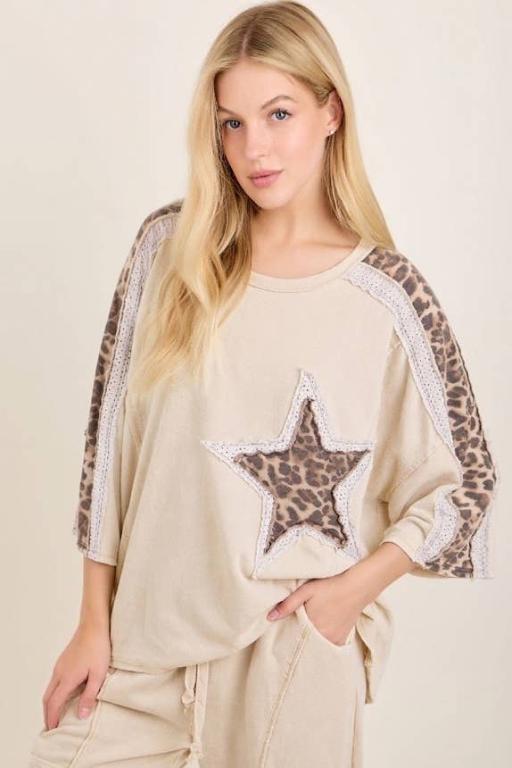 MineralWashed Leopard Lace Star patched 3quarters top HT7639