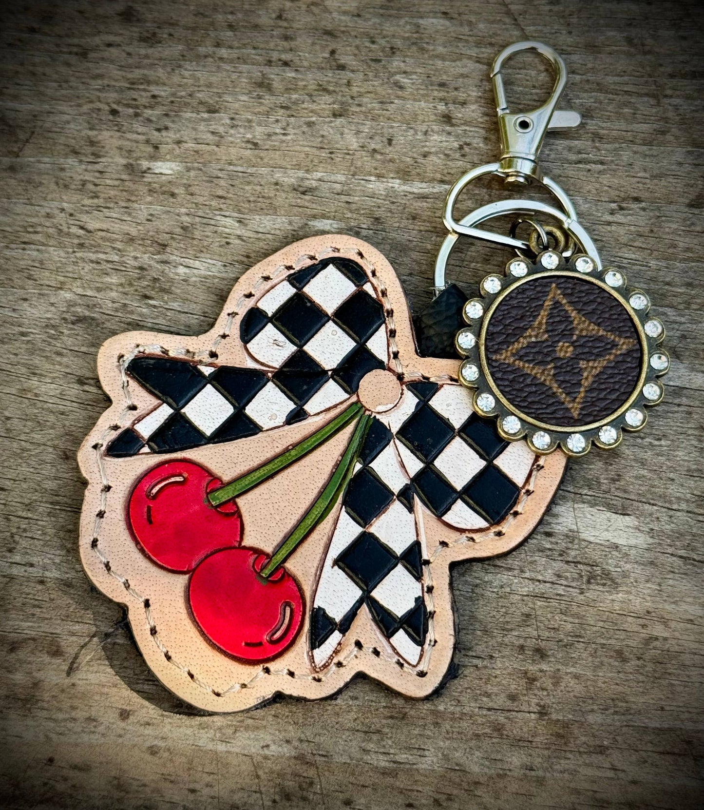 Upcycled LV Checkered Cherry Keychain Bag Charm Western 