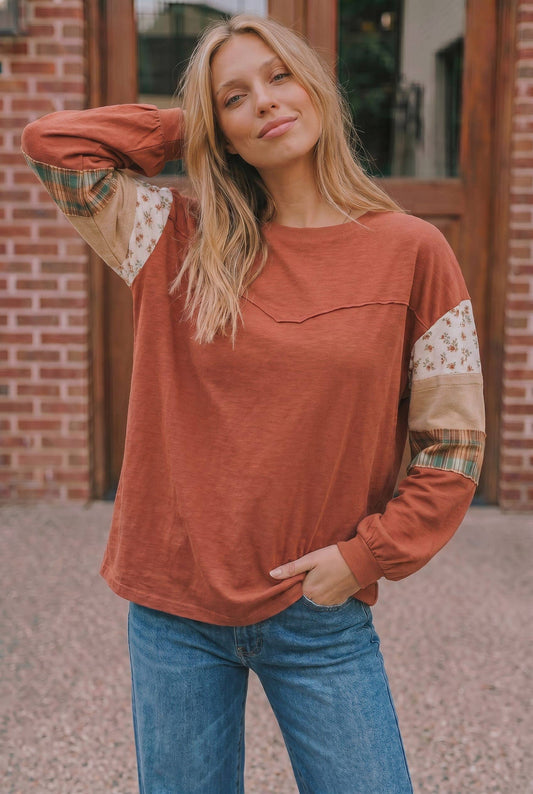FLORAL CHECK COLOR BLOCK LONG SLEEVE KNIT TOP