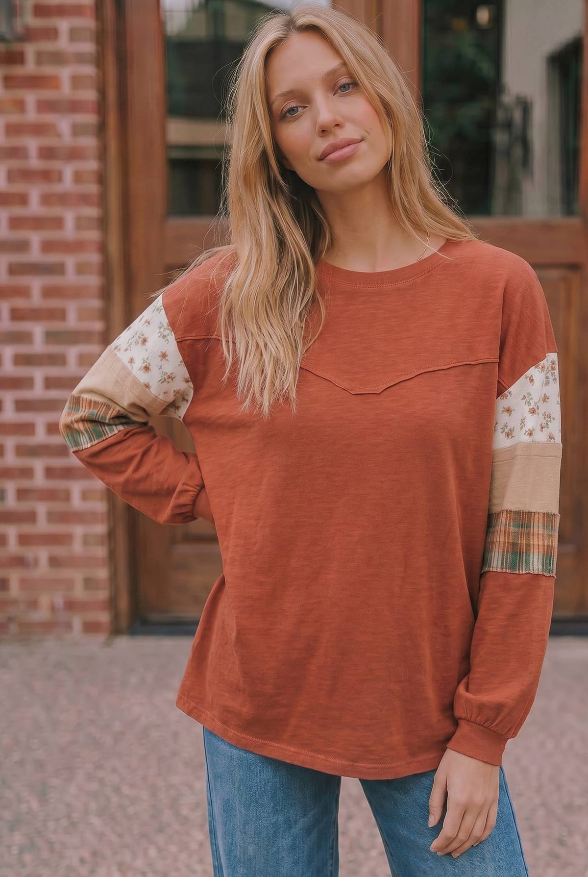 FLORAL CHECK COLOR BLOCK LONG SLEEVE KNIT TOP