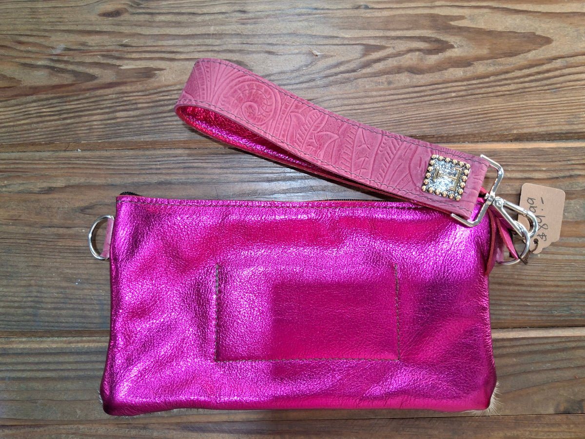 T Bar Cowhide and Tooled Pink Leather Wrislet