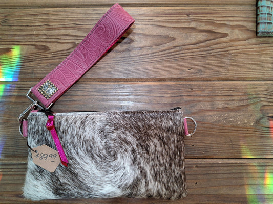 T Bar Cowhide and Tooled Pink Leather Wrislet